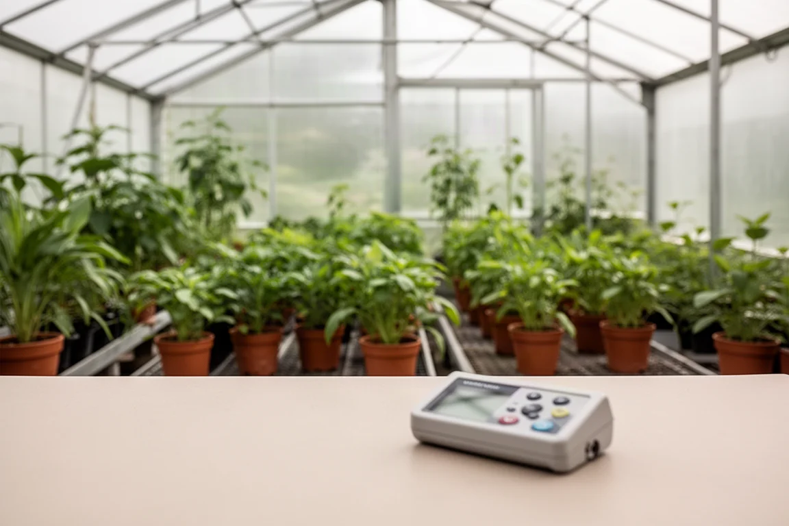 Potted plants in a greenhouse receiving measured light
