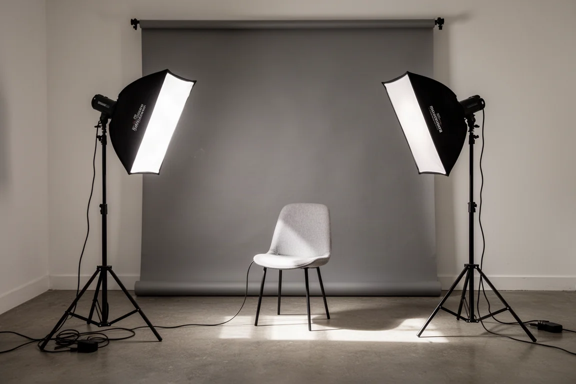 Video studio lighting setup with softboxes in a home studio