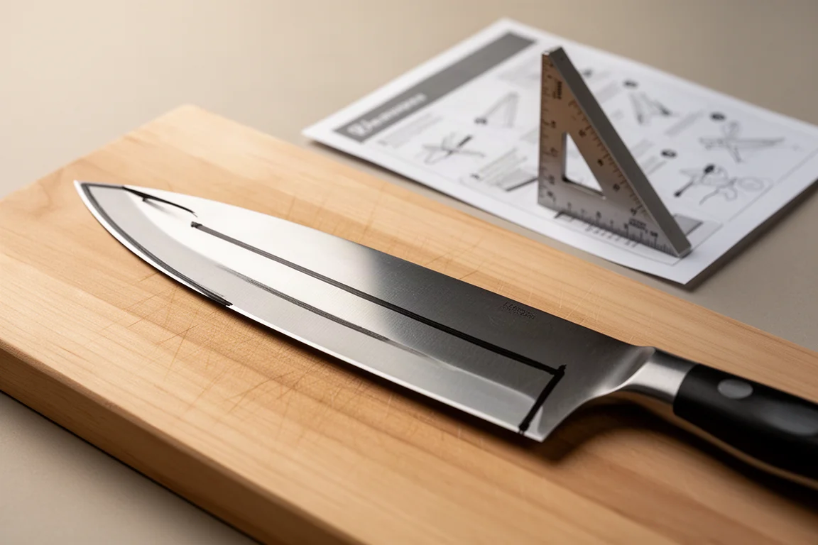Lama di un coltello da chef segnata con inchiostro lungo il bisello secondario
