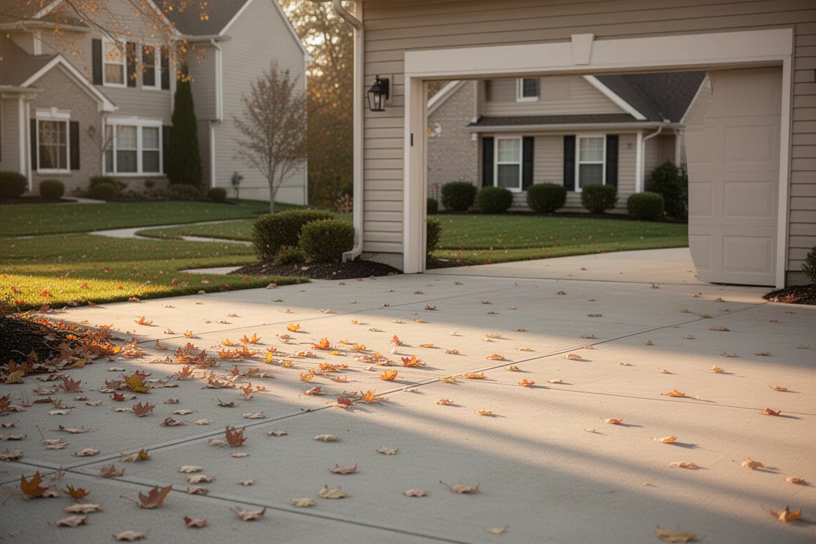 Allée avec des feuilles éparses en cours de nettoyage sous une lumière chaude de fin d'après-midi
