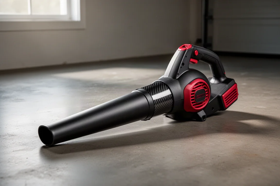 Handheld battery blower resting on a concrete garage floor in soft light