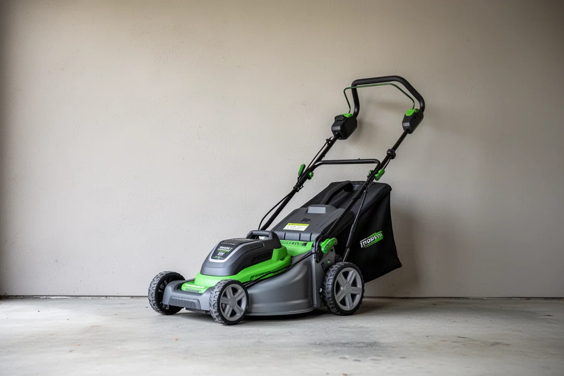 Batterigräsklippare nedfälld för kompakt förvaring mot en garagewägg