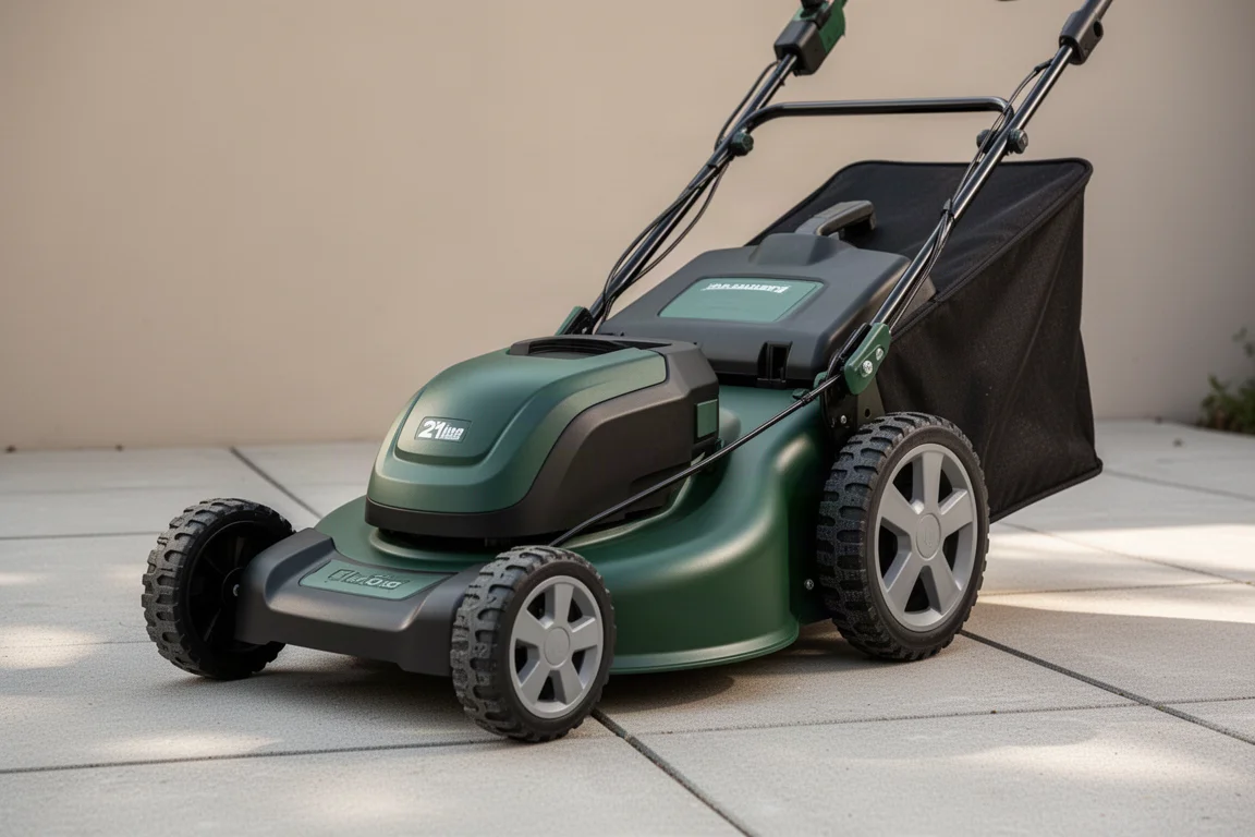 Toro 60V 21-inch battery mower with rear bag on a concrete patio