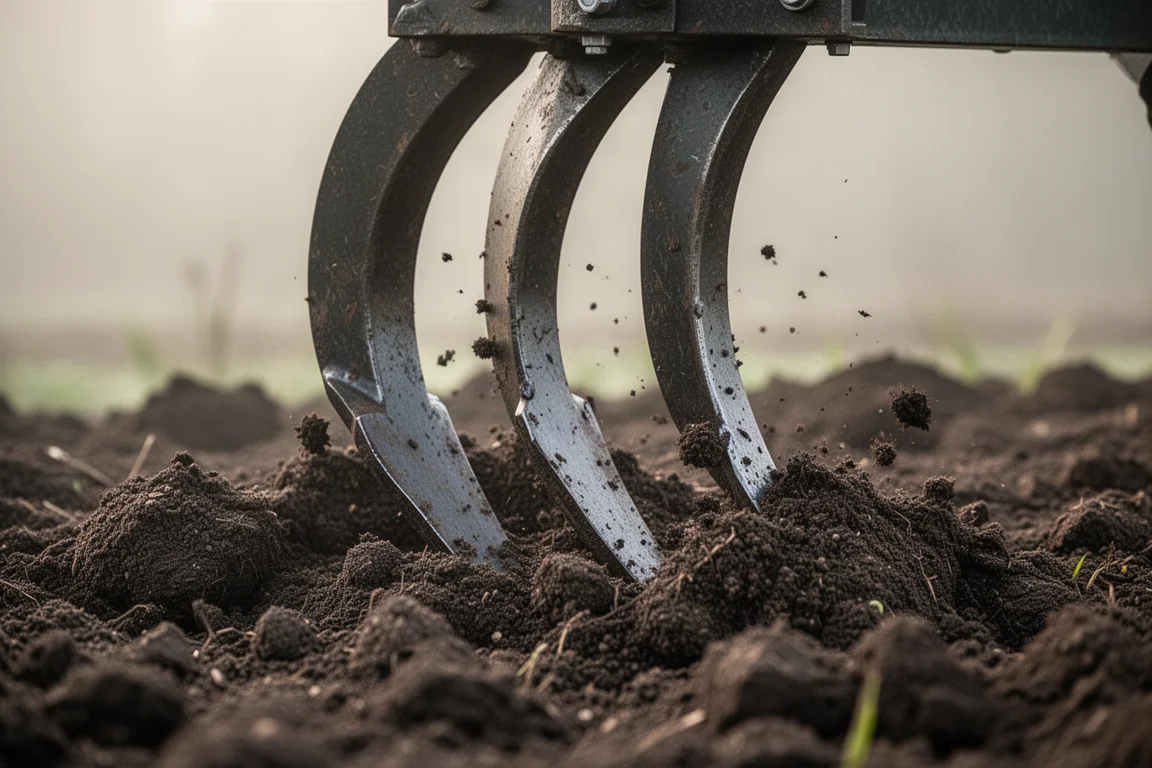 Las cuchillas de la cultivadora penetrando en tierra fresca del jardín