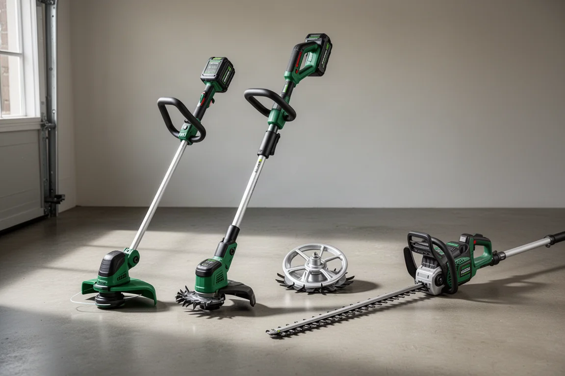 Toro 60V power head and yard tool attachments arranged on concrete floor