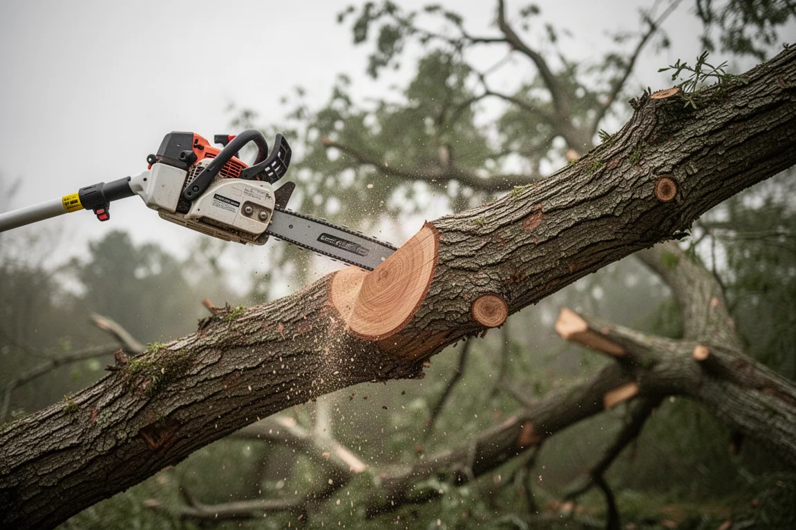 Die Teleskopsäge schneidet durch einen dicken Hartholz-Ast auf einem gefällten Baum
