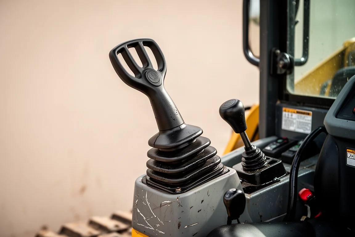 Leva dei comandi idraulici e joystick di un mini skid steer in primo piano