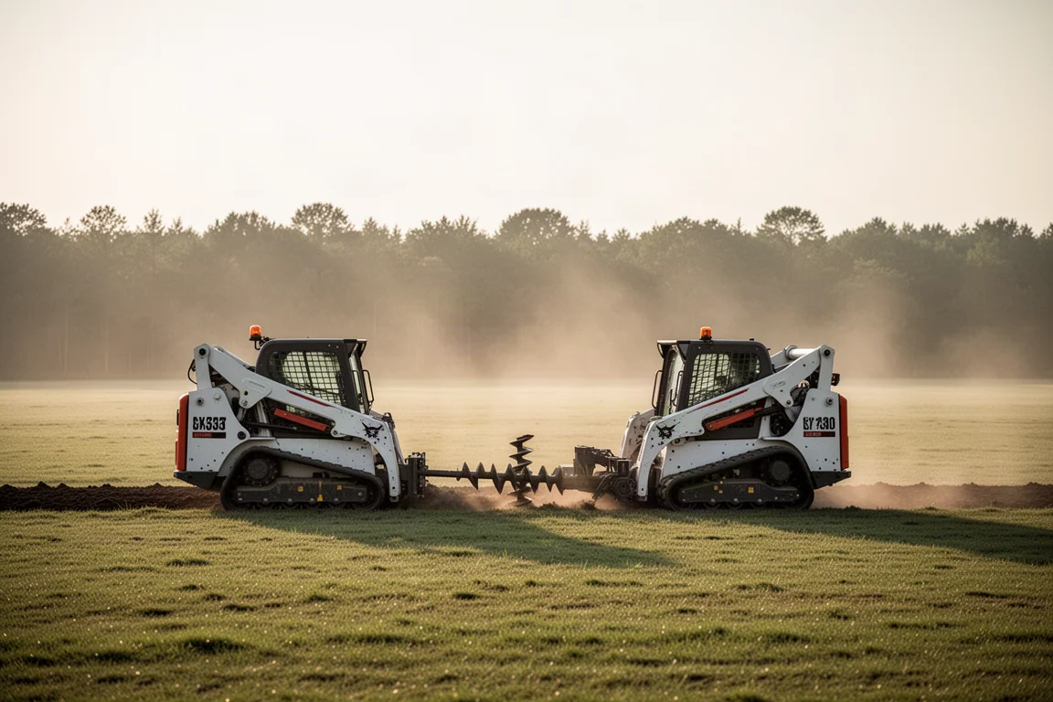 Mini skid steer al lavoro al margine di un grande campo aperto a fine giornata