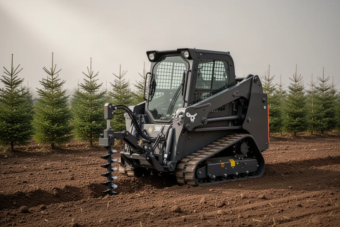 Compact mini skid steer with auger attachment on worked farm soil beside young saplings