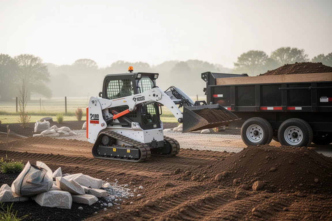 Mini skid steer loading broken bricks into a dump trailer on a jobsite