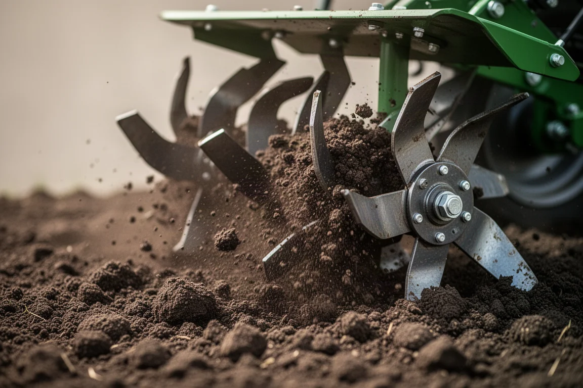 Zolle di un motozappa da giardino che trasformano terreno scuro in un letto di semina fine