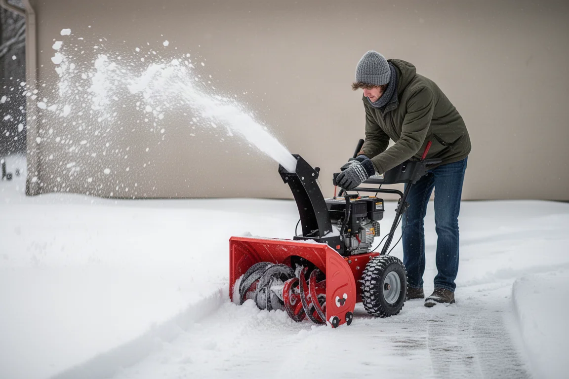 Person som justerar utkastpipan på en snöslunga på en uppfart