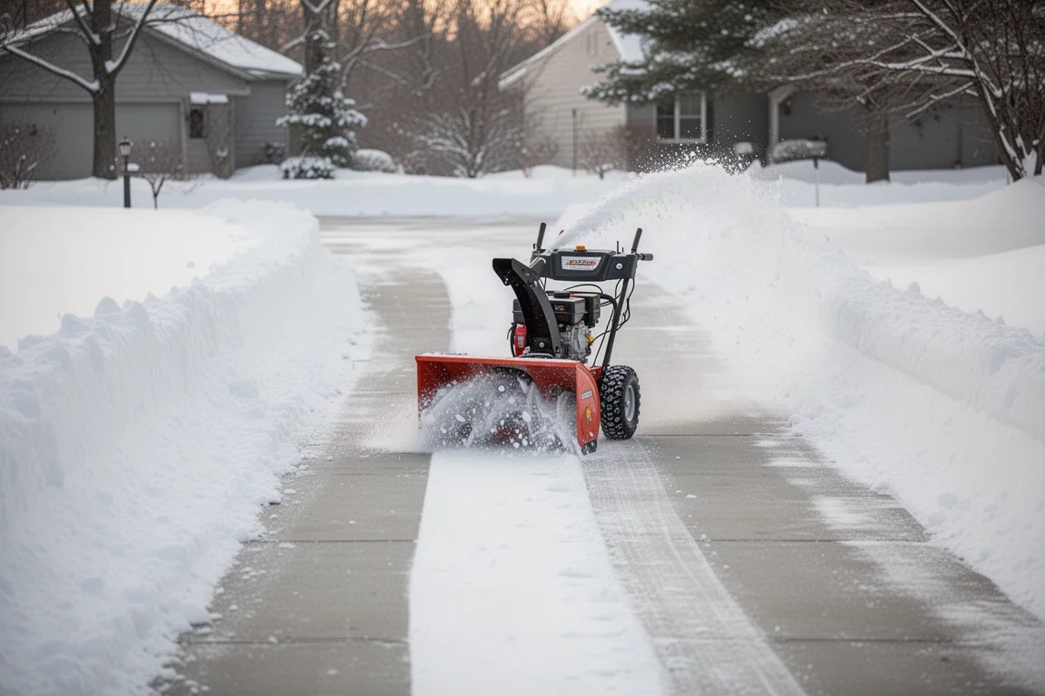 Snöslunga som rensar en bred bostadsuppfart efter nysnö