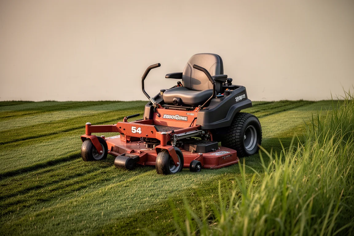 Toro TimeCutter Max with MyRide zaparkowany na trawniku po koszeniu z czystymi pasami