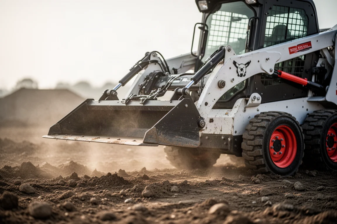 Bracci di carico di un mini skid steer completamente estesi in avanti su un cantiere