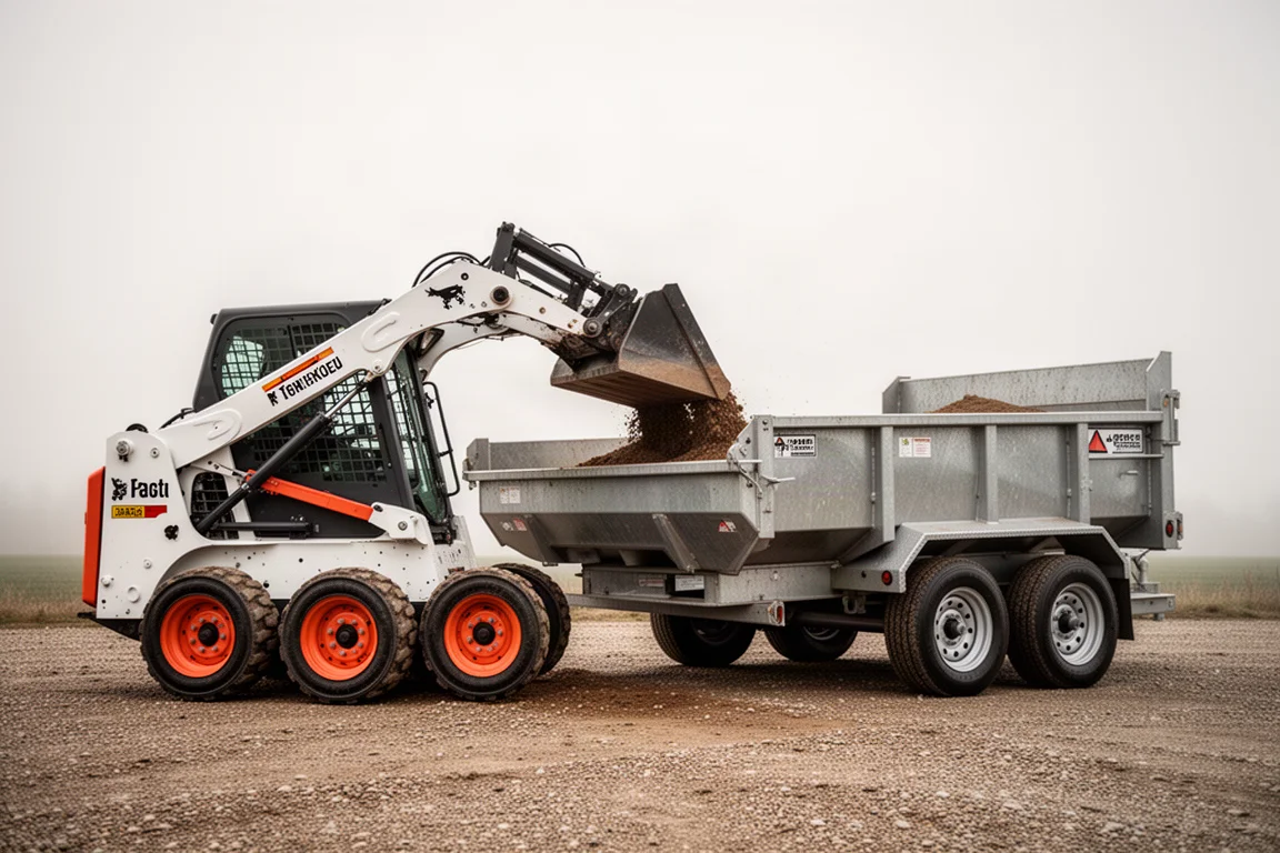 Mini skid steer che raggiunge il centro di un rimorchio ribaltabile