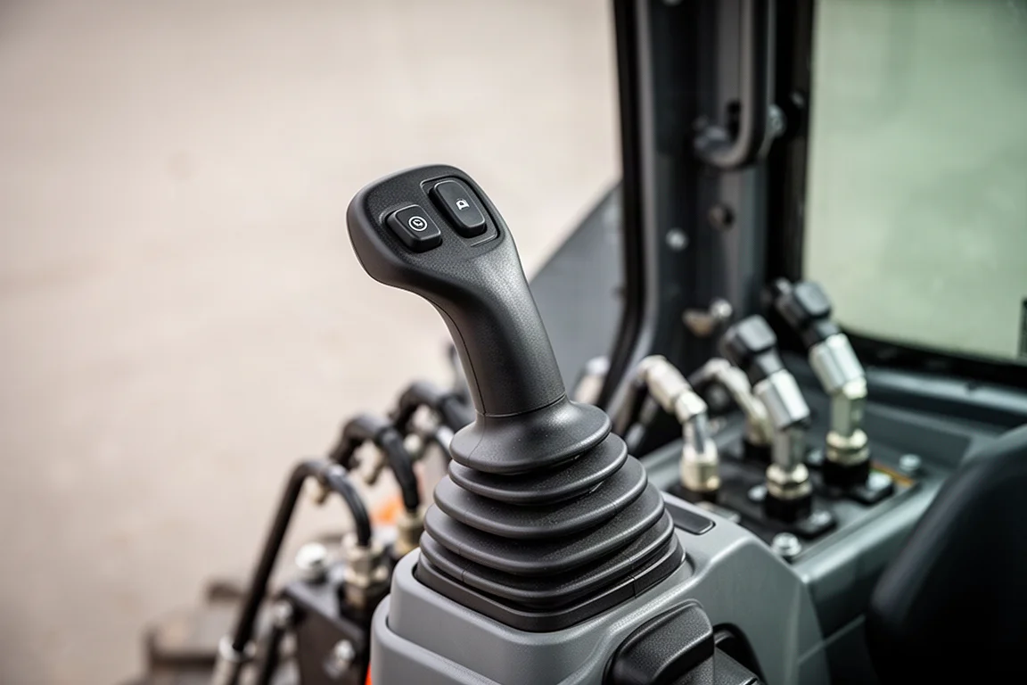 Impugnatura joystick di controllo di un mini skid steer in dettaglio ravvicinato