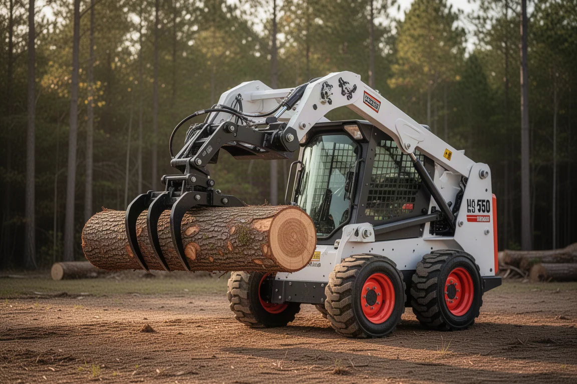 Mini skid steer con attrezzo pinza che solleva un tronco pesante su terreno pianeggiante