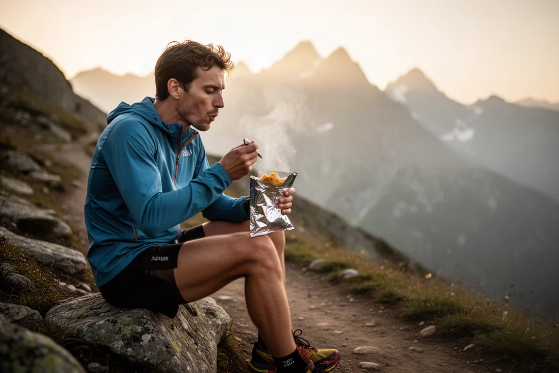 Corredor de trail desayunando de un sobre de aluminio junto a un sendero de montaña al amanecer