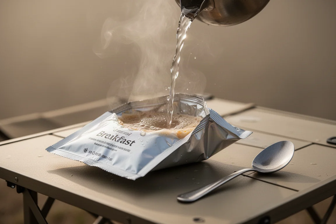 Sobre de aluminio abierto con agua caliente vertiéndose y removiendo con una cuchara