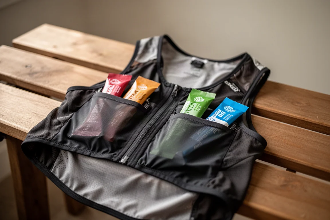 Single-serving drink mix sachets tucked into the pocket of a running race vest