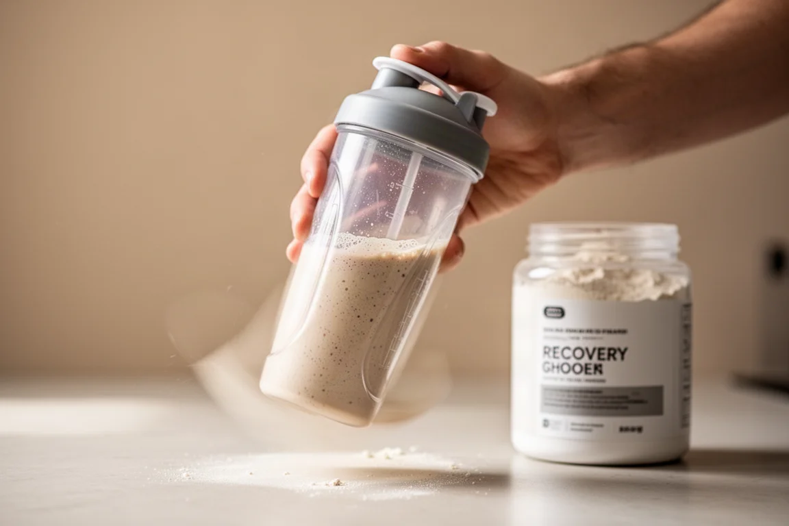 Recovery drink being shaken in a mixing bottle on a kitchen counter