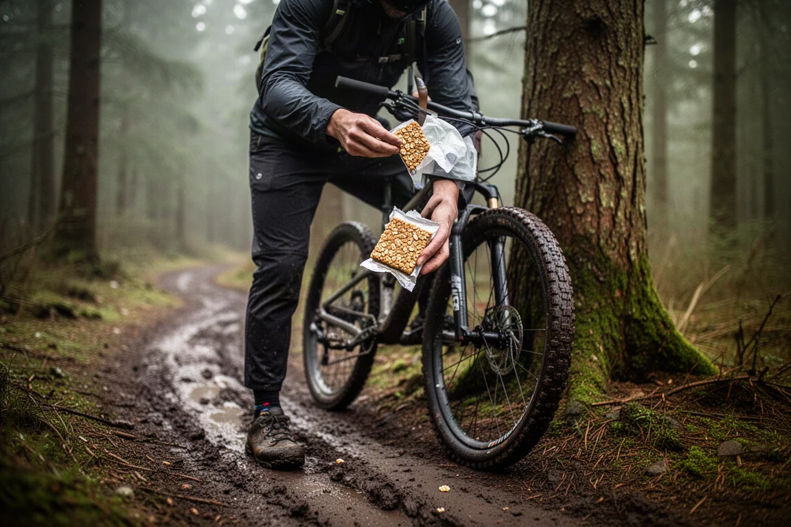 Cyclist stopping on a muddy trail ride to eat a flapjack bar