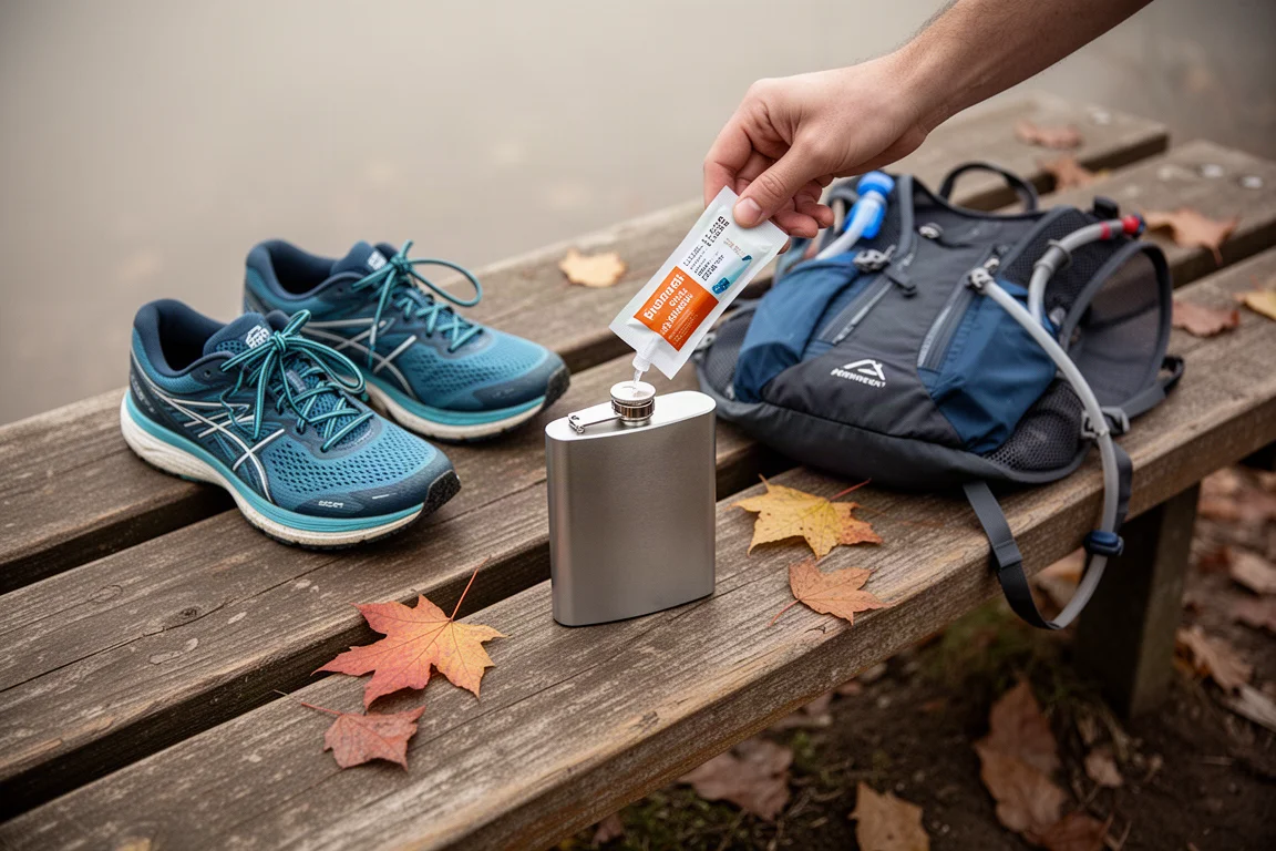 Runner refilling a soft flask with mixed electrolyte drink on a trailhead bench