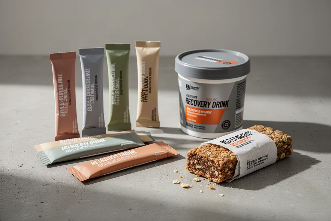 Torq sports nutrition products including sachets, a recovery tub, and a flapjack bar on concrete
