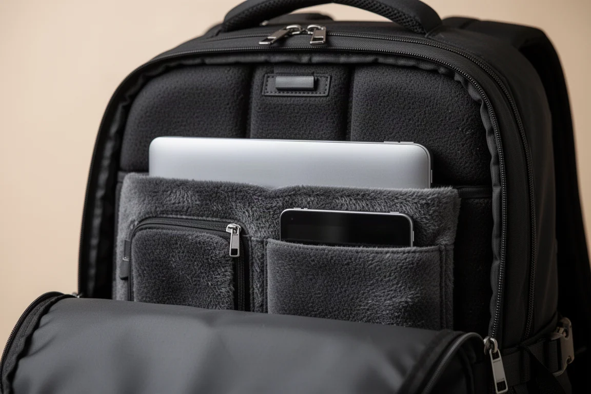 Close-up van een gevoerde laptopvak met pluizige voering in een rugzak