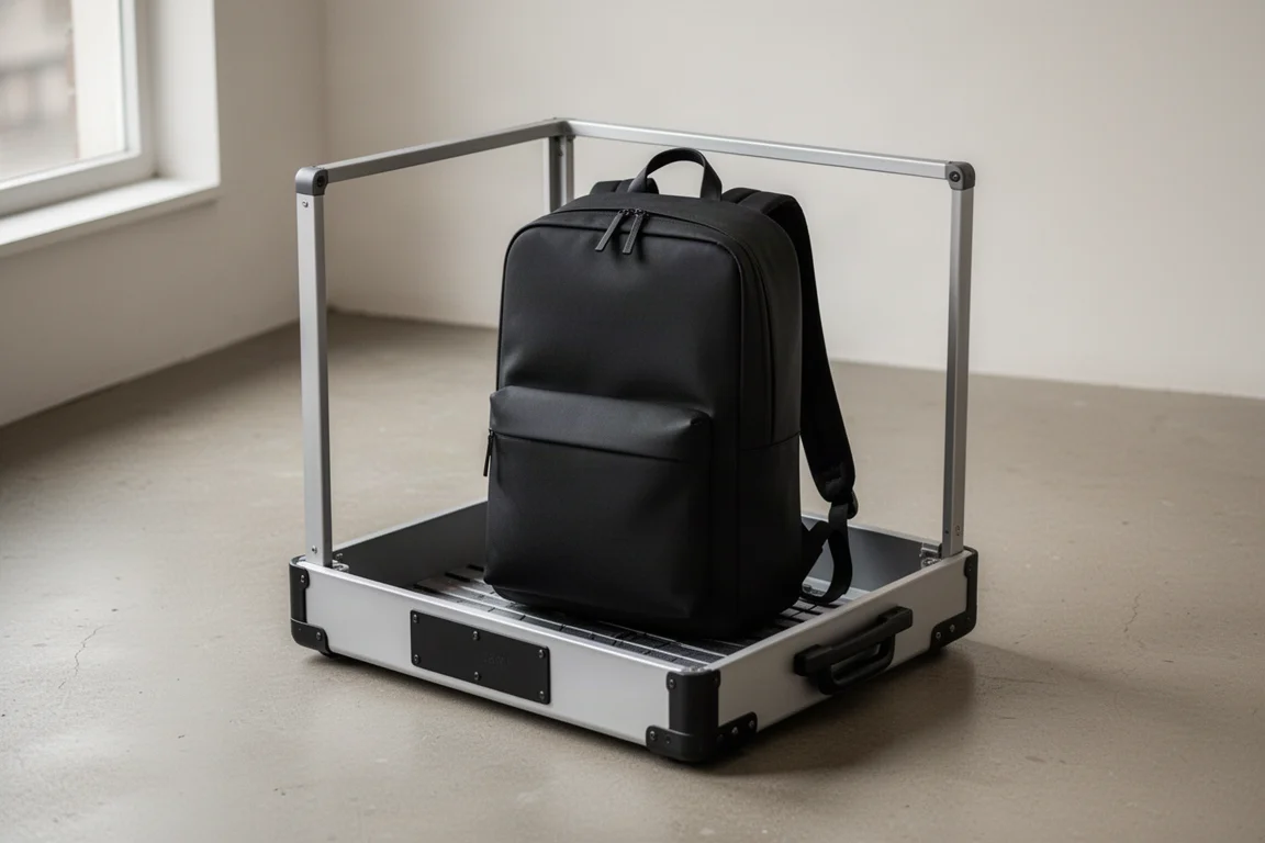 Slim black day pack fitting easily inside a carry-on personal item sizer box