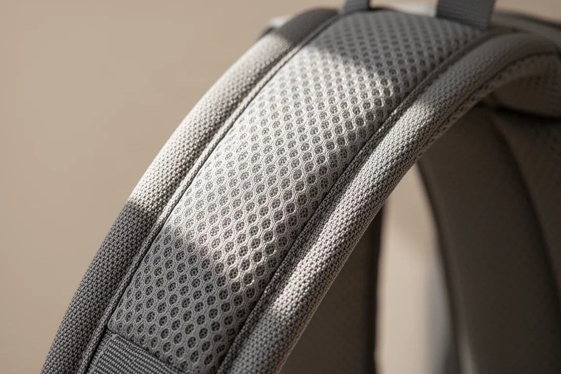 Close-up of hexagonal mesh padding on a backpack shoulder strap