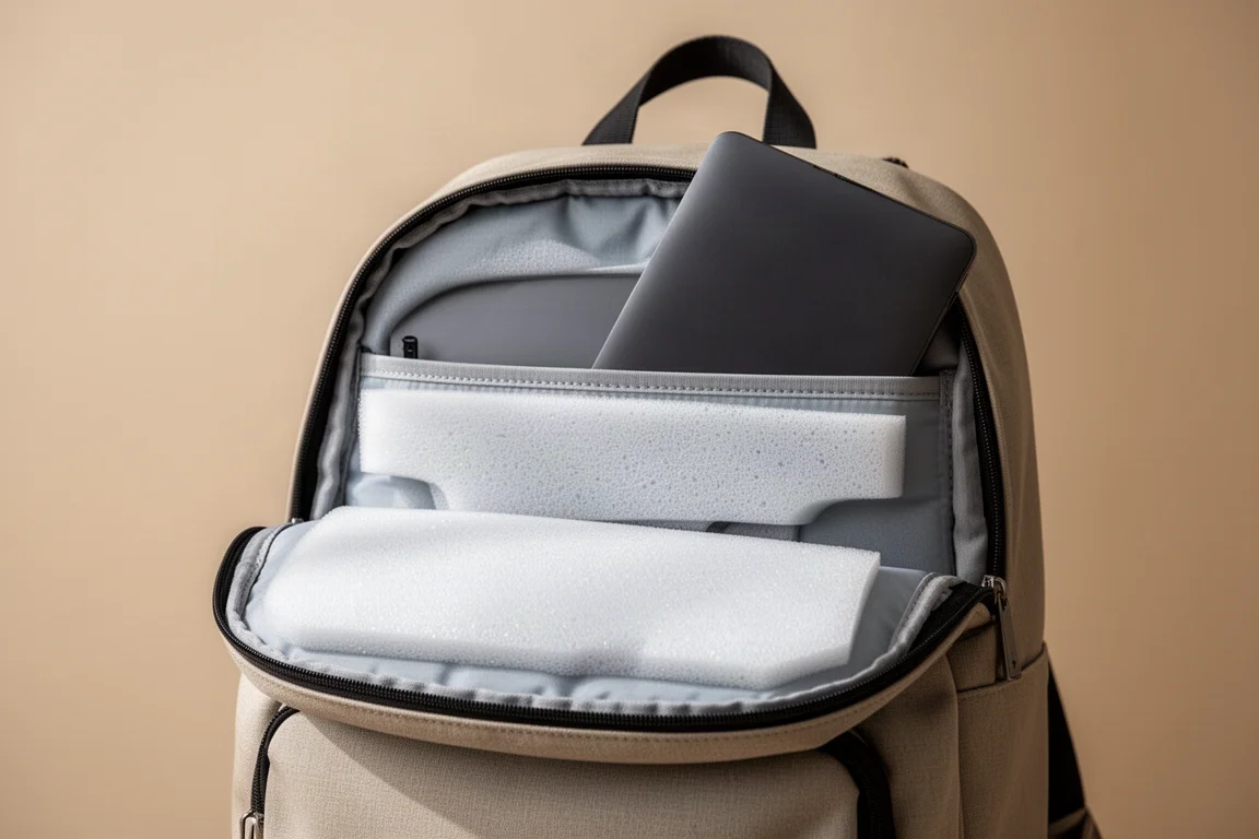 Laptop sleeve with a 15-inch laptop sliding in, showing padding and false bottom