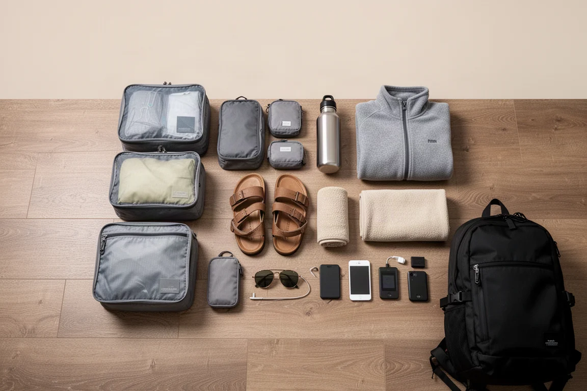 Packed-out day pack on a table surrounded by travel gear laid out