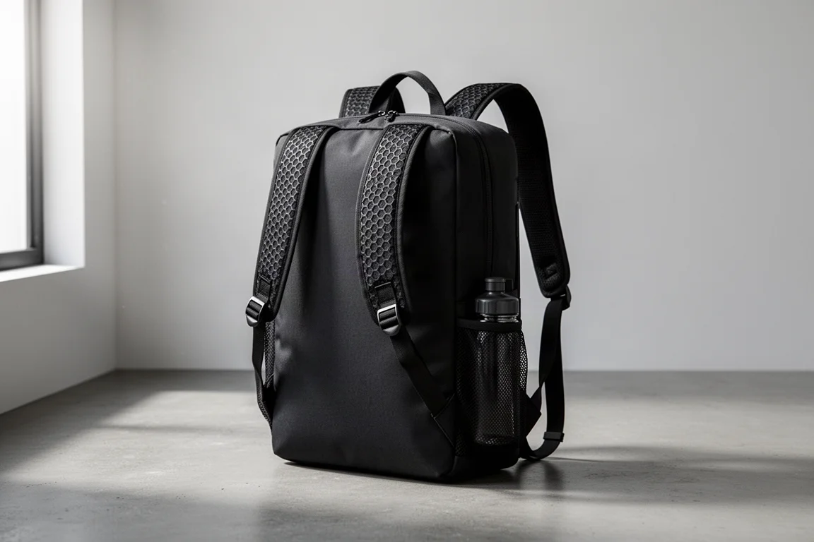 Schlanker, schwarzer minimalistischer Tortuga Daypack Pro aufrecht auf Beton stehend