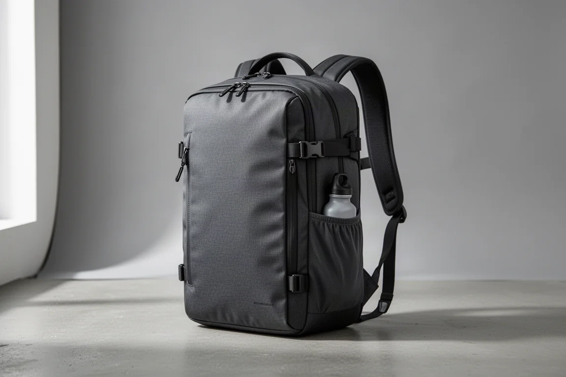 Zaino da viaggio Tortuga Expandable antracite scuro in piedi su una superficie in cemento