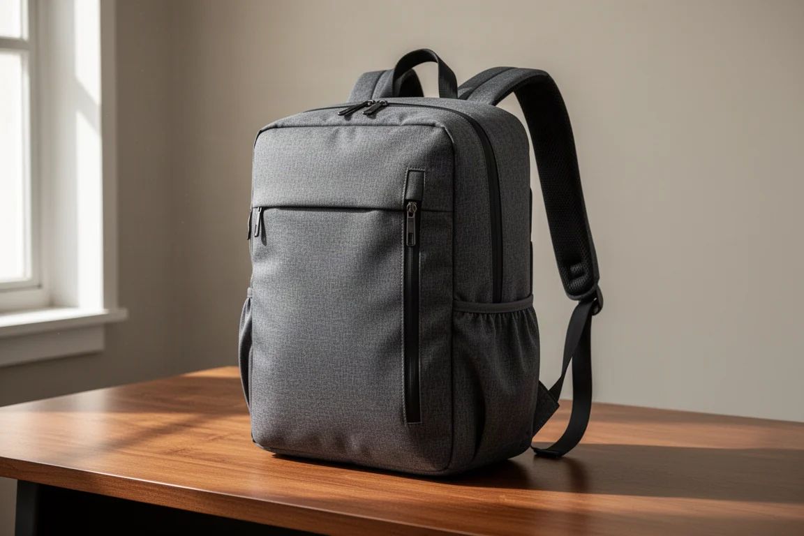 Charcoal grey minimalist laptop backpack standing on a wooden desk