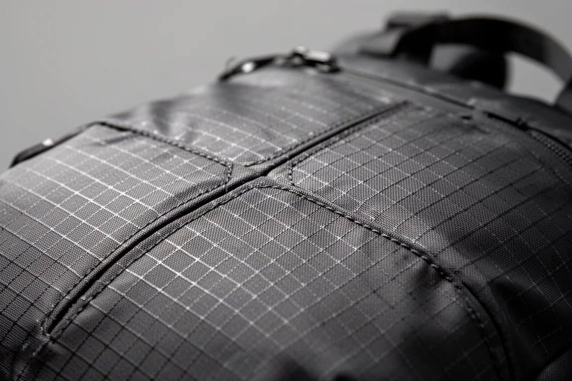 Gros plan sur le tissu ripstop du sac avec une texture en grille fine et motif en X