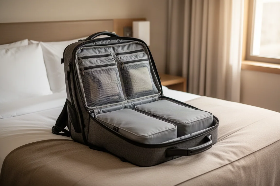 Voyageur faisant ses valises dans un sac de voyage à ouverture valise posé ouvert sur un lit d'hôtel