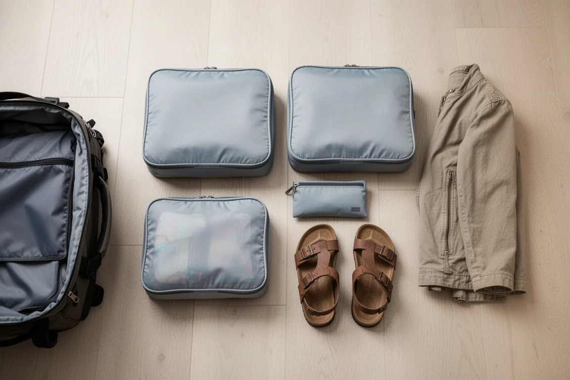 Cubes de rangement et équipement étalés à plat à côté d'un sac de voyage ouvert