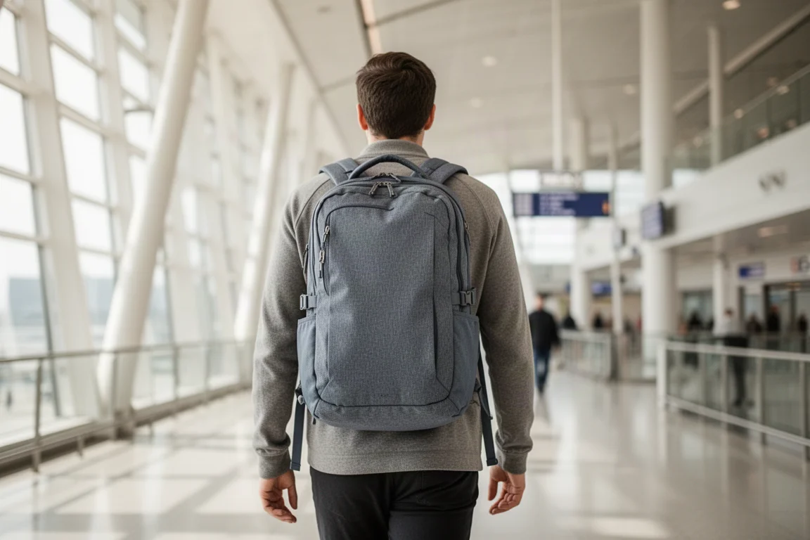 Voyageur portant le sac à dos dans un terminal d'aéroport