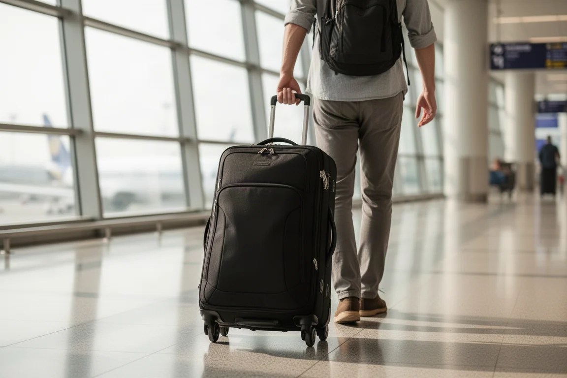 Reisender zieht einen Handgepäck-Reiserucksack durch einen hellen Flughafenterminal