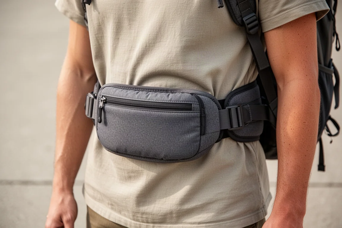 Rucksack-Hüftgurt mit Reißverschlusstasche um die Taille eines Reisenden geschlossen