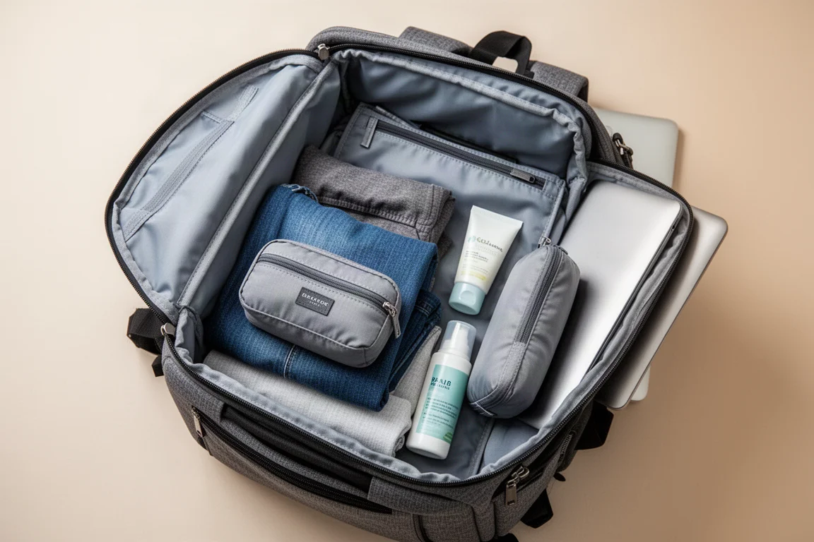 Interieur van rugzak open als clamshell met packing cubes en reisspullen erin gerangschikt
