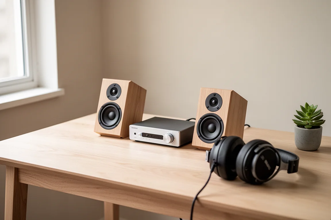 Petit ensemble de bureau avec deux petites enceintes inclinées, un amplificateur et un casque