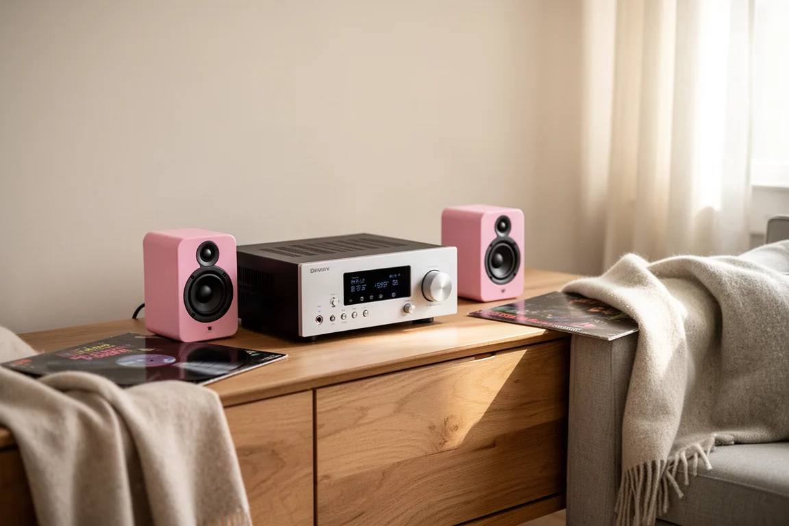 Amplificateur compact et petites enceintes roses sur un buffet dans une pièce lumineuse
