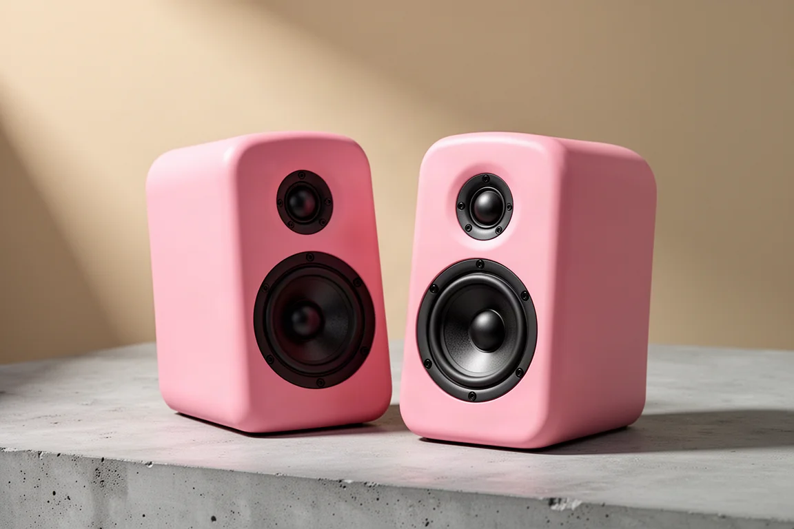 Two small pink bookshelf speakers angled backwards on a concrete surface