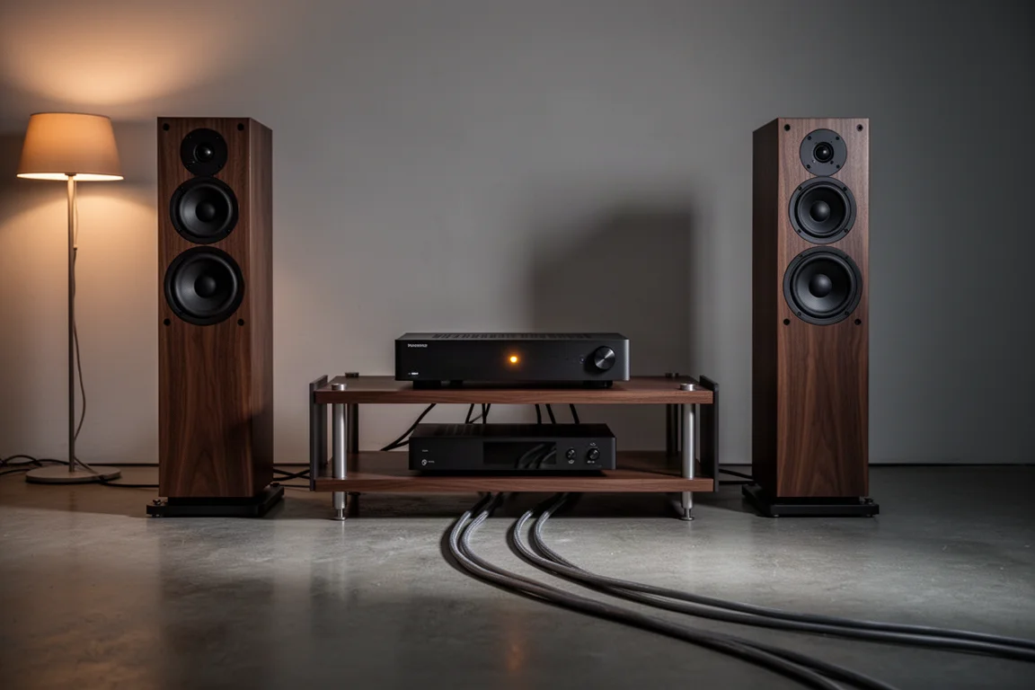 Rack de hi-fi baixo com amplificador integrado ladeado por duas torres esbeltas
