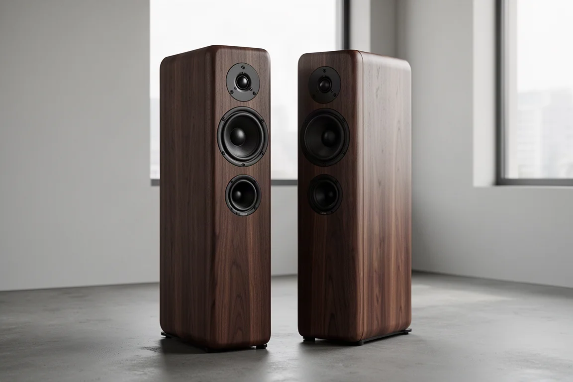Pair of slim dark wood floorstanding tower speakers in a minimal listening room