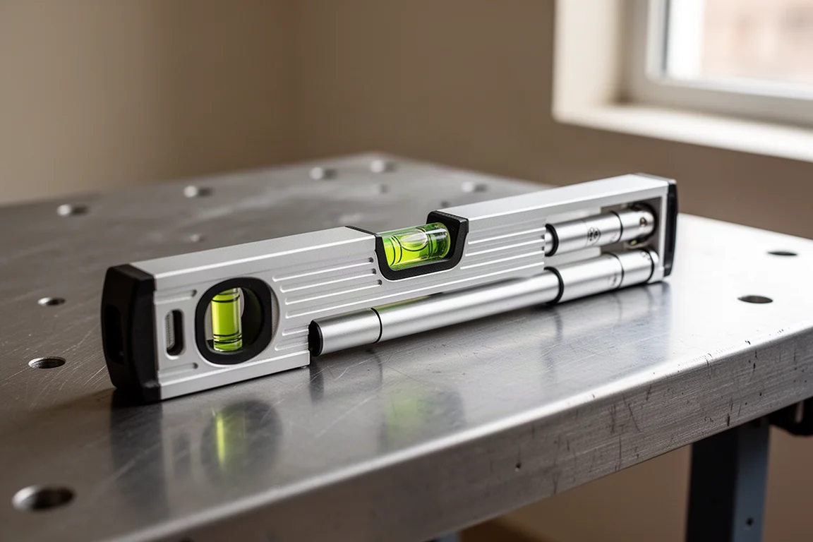 Compact torpedo level with telescoping rod extended on a workbench
